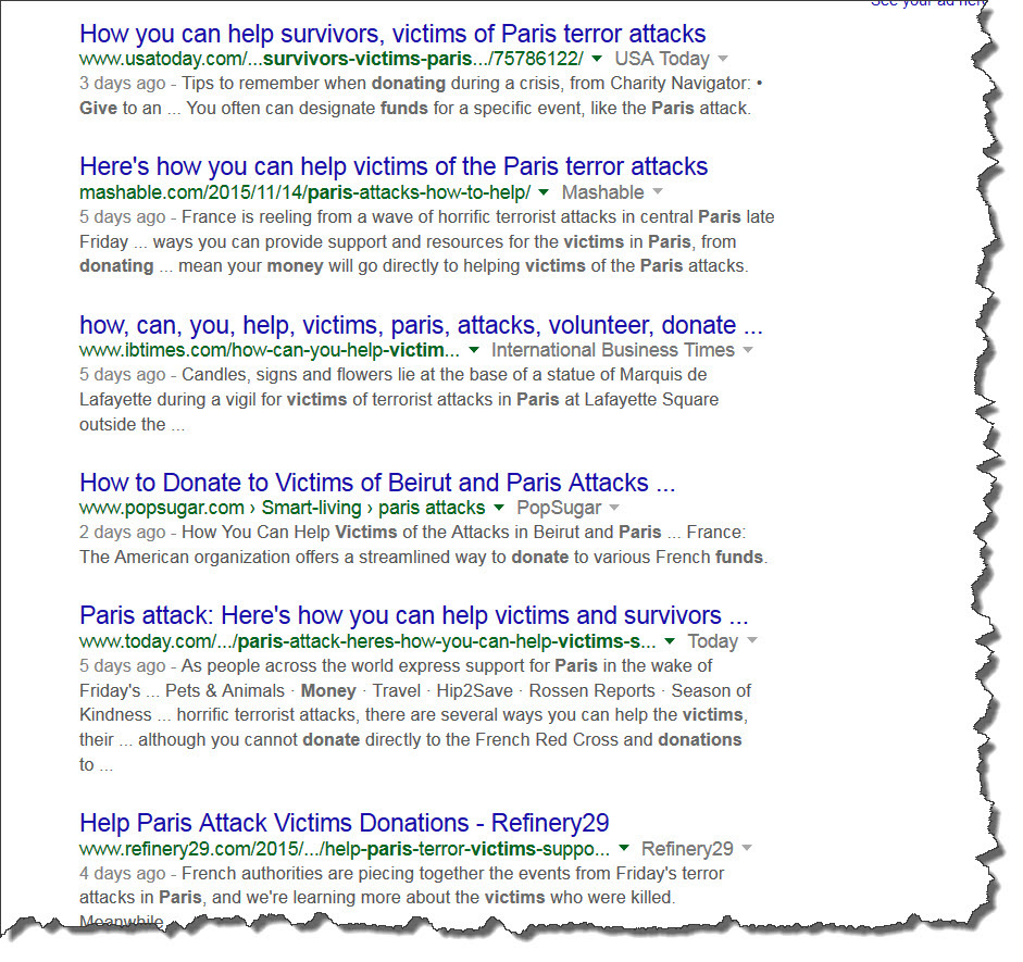 Google search page about how to help Paris terror victims