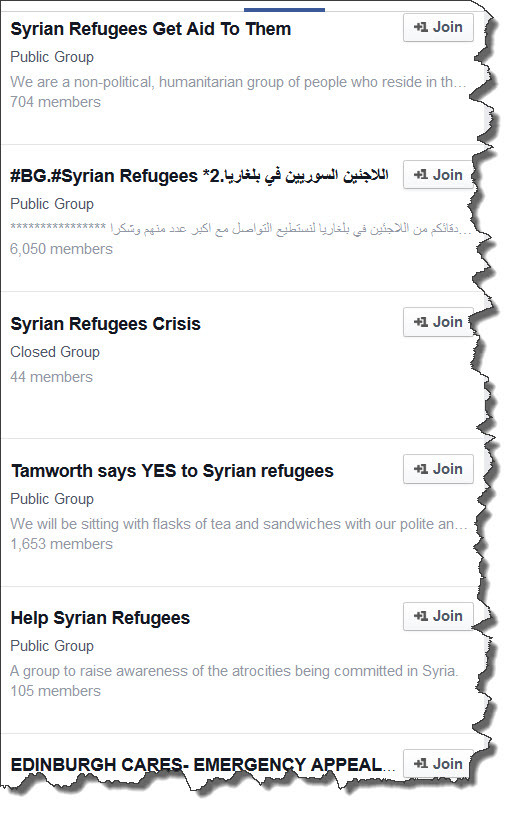 Screen shot from Facebook search for Syrian refugee groups