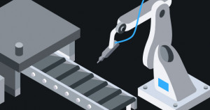 An illustration of a robotic arm next to an assembly line