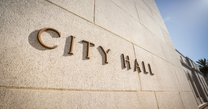 Entrance doorway into the government building city hall headquarters in Los Angeles California USA