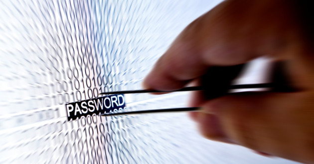 Closeup on a screen with binary code & the word password which is being grabbed by a hand holding tweezers