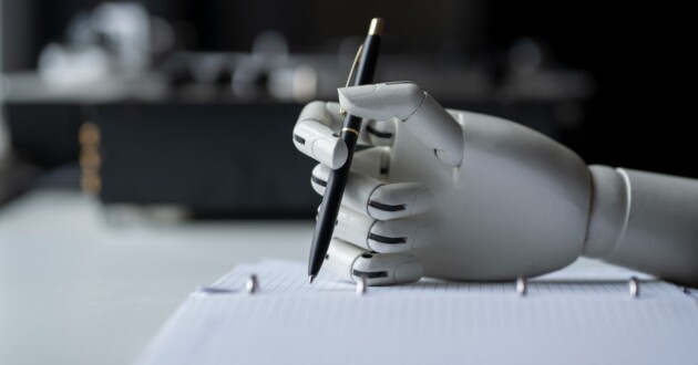 artificial robotic arm writing notes on paper with pen