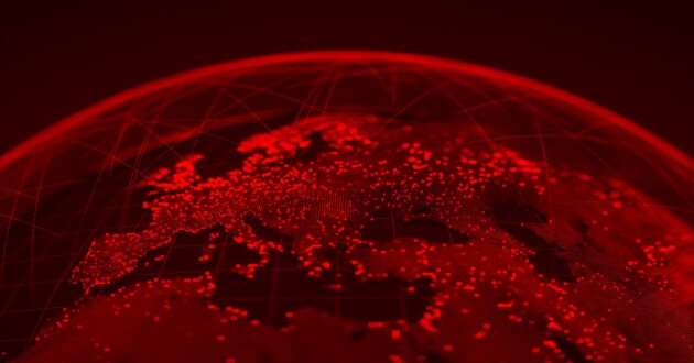 A red digital rendering of the globe of the Earth
