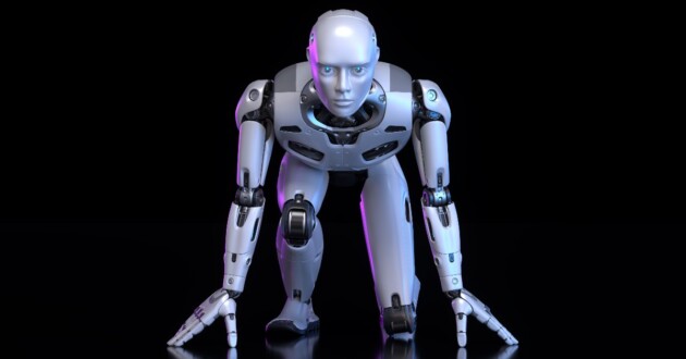 Robot standing in start position like for a race on a dark background