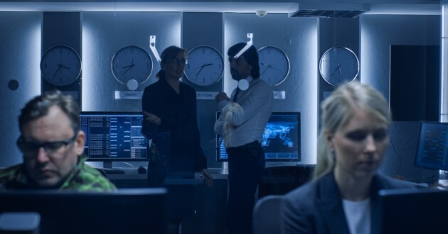 Diverse group of professionals working on computers in a dim blue-lit control room