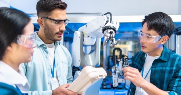 A prosthetic robot arm being tested by 3 development engineers in a high tech lab