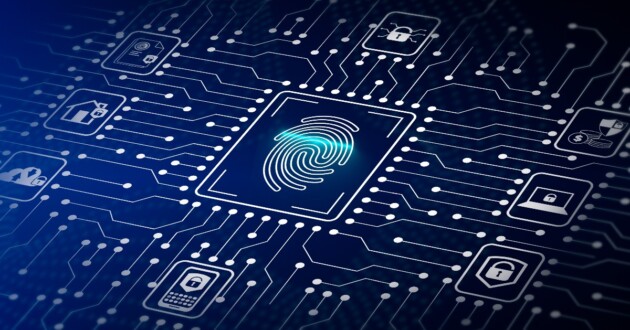 Closeup on a blue circuit board with a fingerprint inside of a dotted square